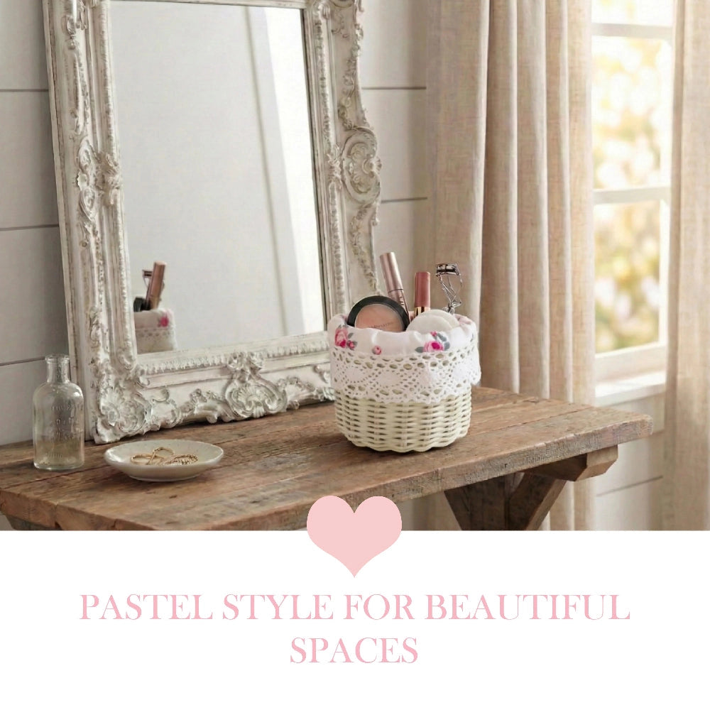 Mini Tube Wicker Basket and decorative mirror on wooden surface with table styling and rustic home decor setup