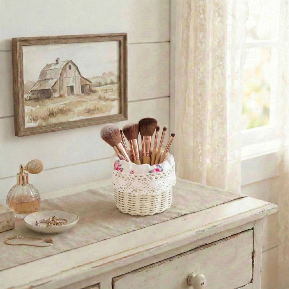 Mini Tube Wicker Basket holding makeup brushes placed on wooden dresser for home decor organization display