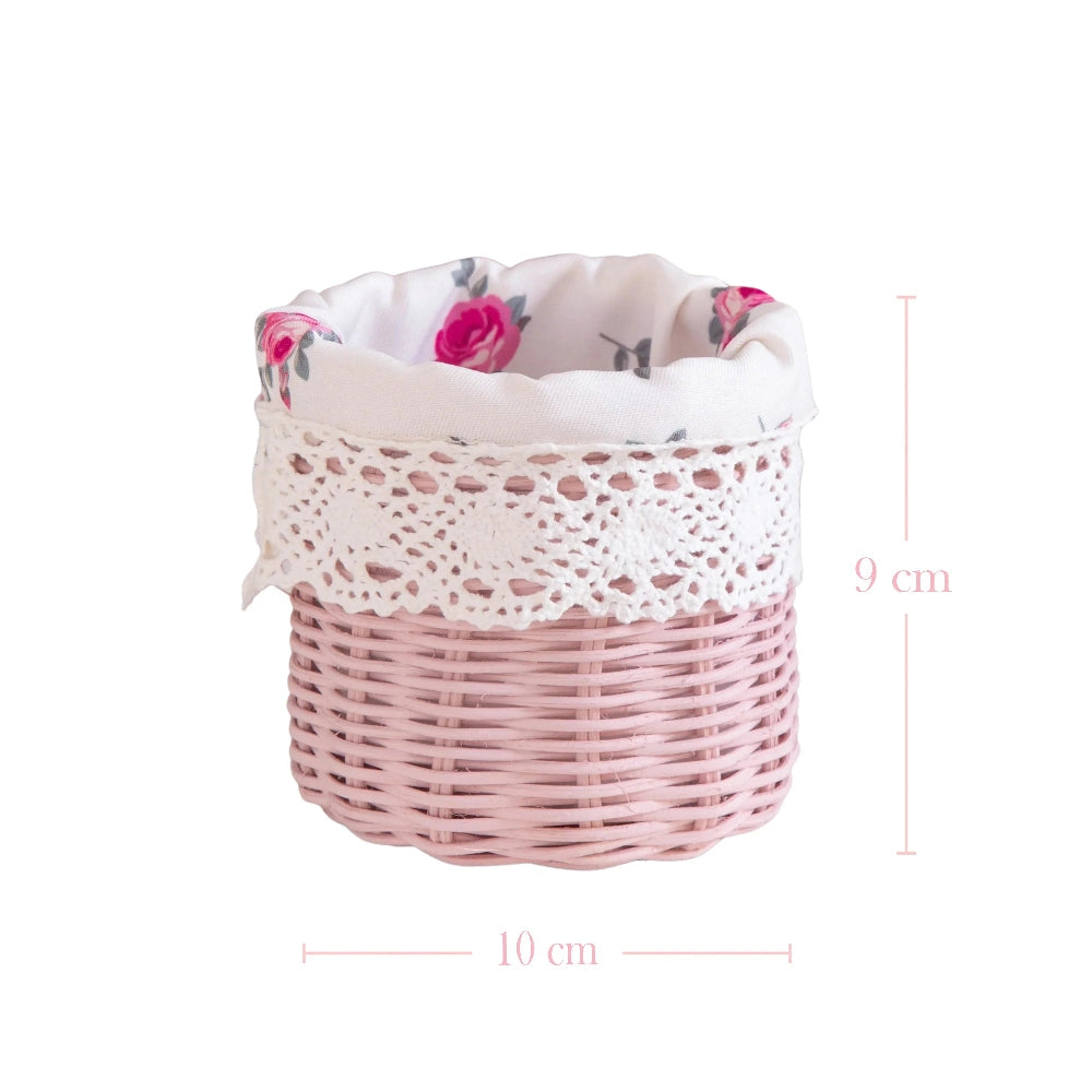 Mini Tube Wicker Basket pink woven storage basket with floral lining and measurements on white background