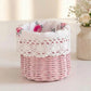 Mini Tube Wicker Basket pink woven design with floral fabric lining displayed on light background for home storage