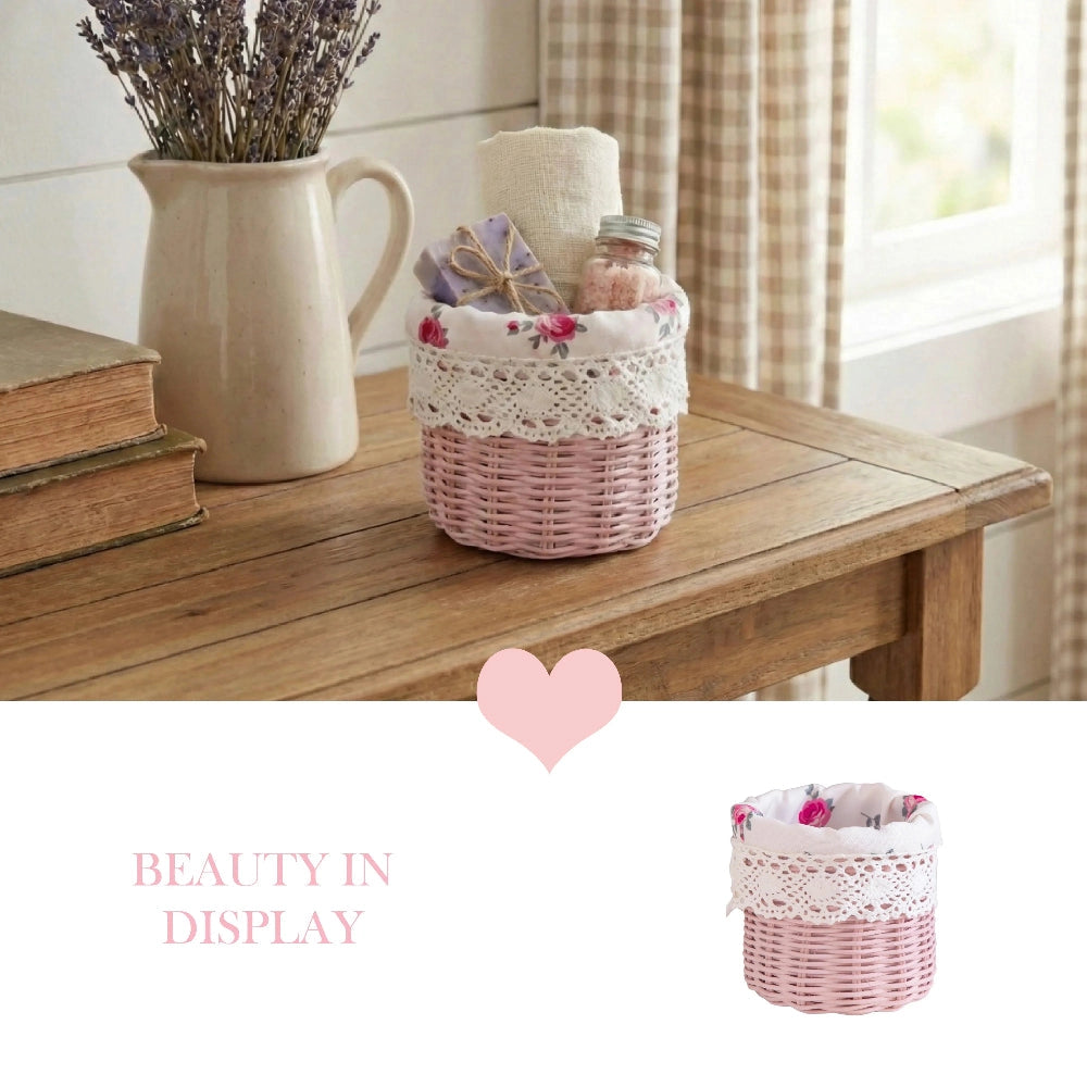 Mini Tube Wicker Basket with lace details styled on wooden surface with lavender pitcher and books