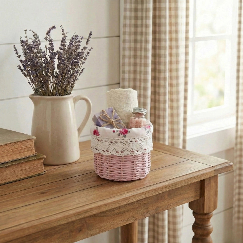 Mini Tube Wicker Basket decorative storage basket on wooden table with lavender pitcher and home decor items