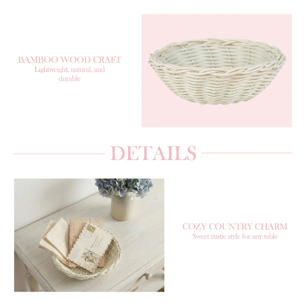 Mini Wicker Basket bamboo-style woven displayed on pink background with product features text overlay