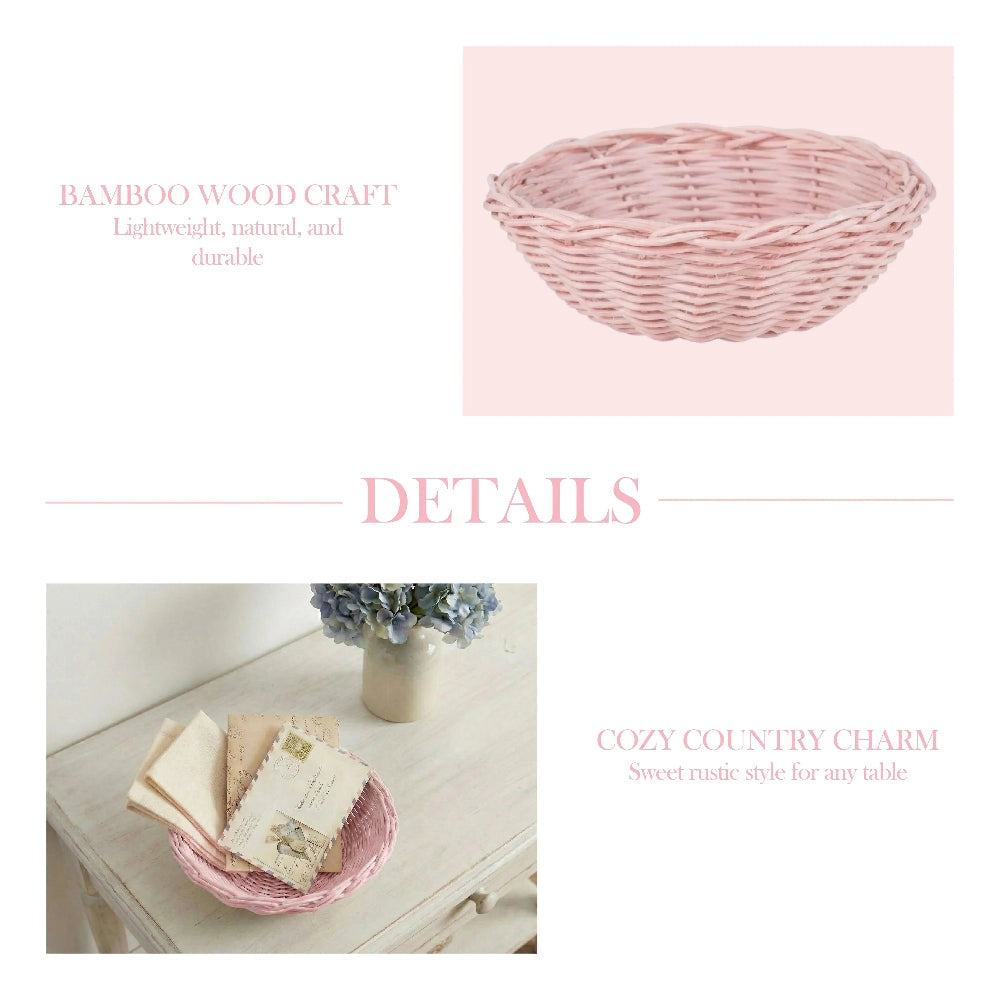 Mini Wicker Basket handmade features and uses shown on pink background product display