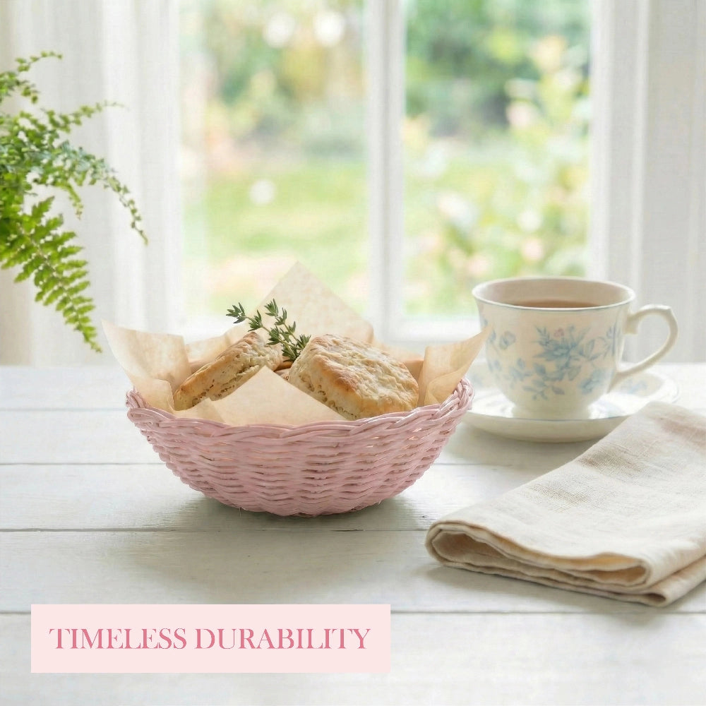 Mini Wicker Basket pink woven holding biscuits and teacup on wooden table home decor styling