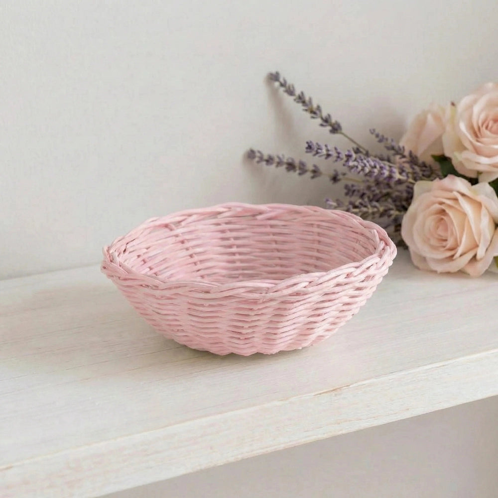 Mini Wicker Basket pink woven storage basket on white surface with roses and lavender floral background decor