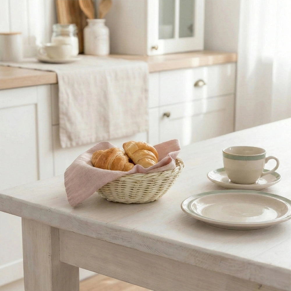 Mini Wicker Basket used as table storage beside bread basket, cup, and saucer in bright kitchen setting