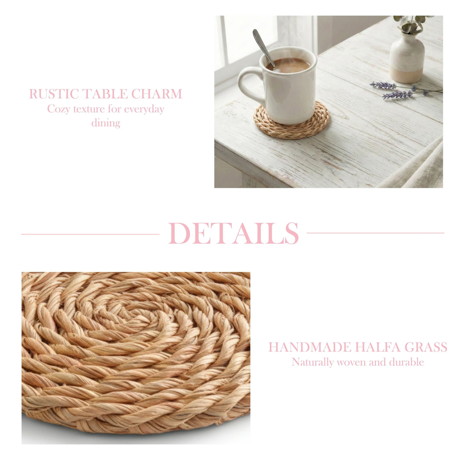 Collage showing a natural round coaster with a mug on a white wood table and a close-up of the woven halfa grass texture.