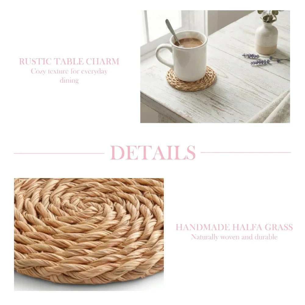 Woven mat on a table with a cup of coffee, text describing rustic charm and handmade nature.