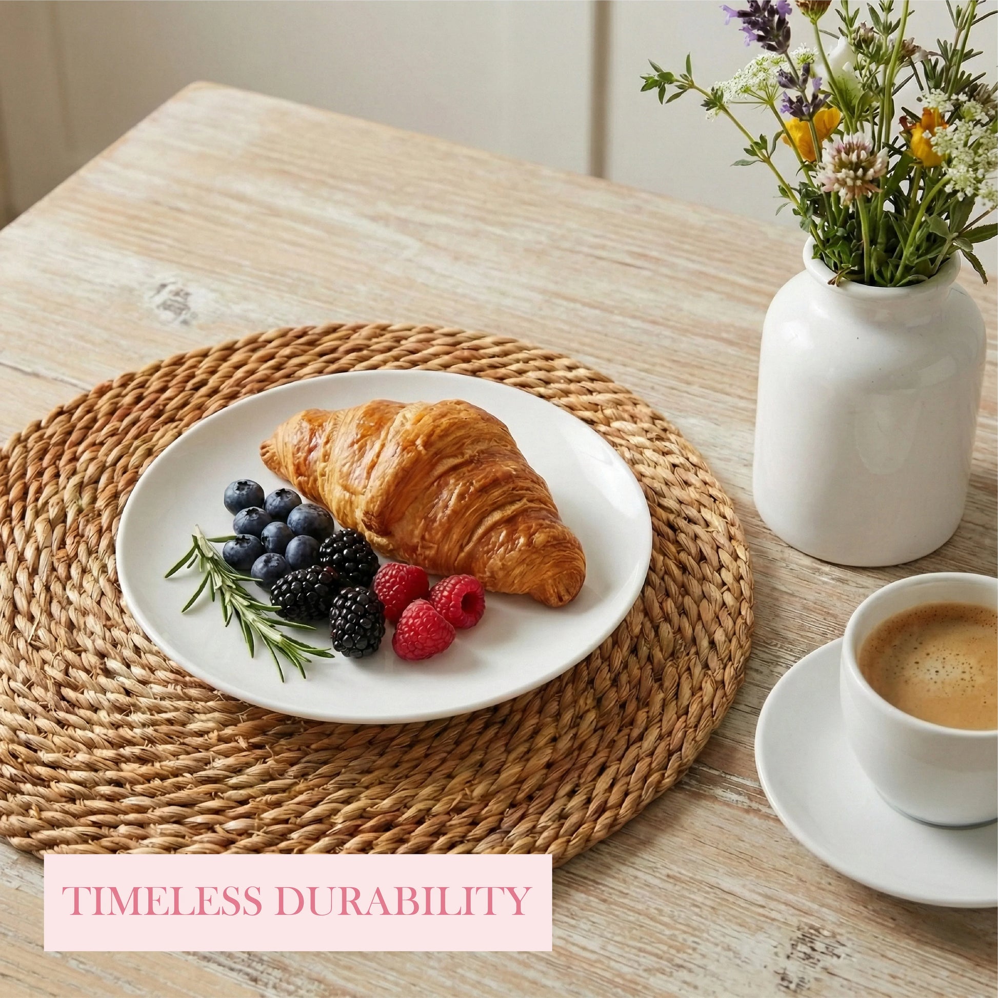 Natural halfa grass round placemats featured in a shabby chic tea setting with a floral teapot, scones on a pedestal, and pink roses on a distressed wood table.