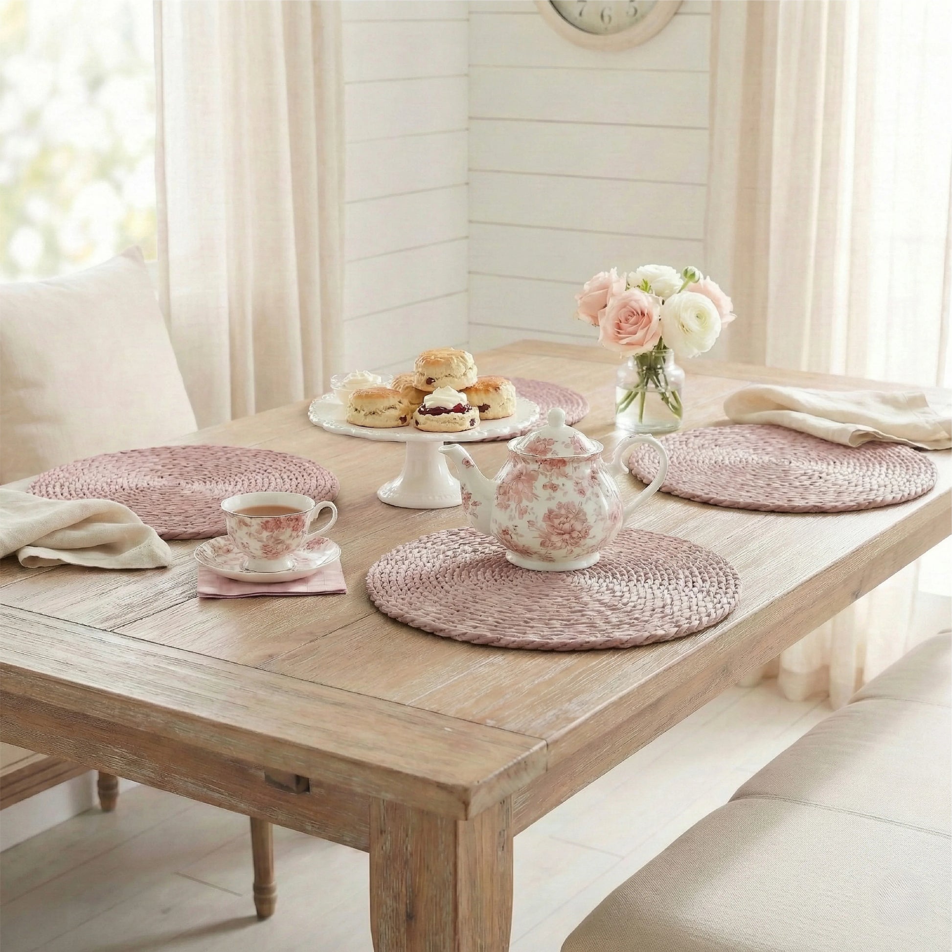 Natural halfa grass round placemat collage featuring a breakfast lifestyle shot on a rustic wooden table and a detailed close-up of the handwoven texture.