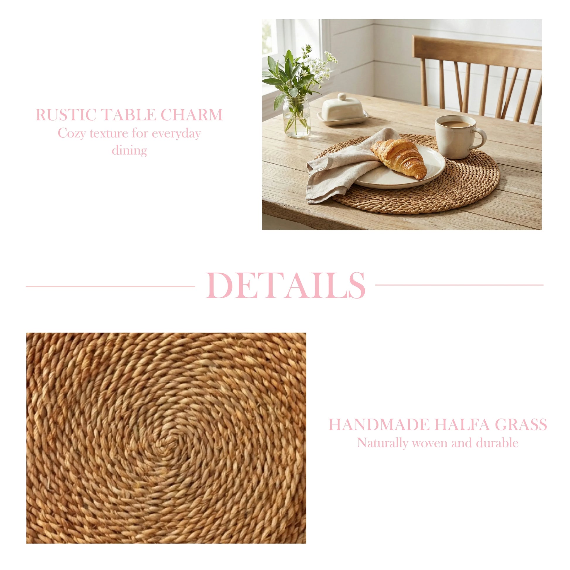 Natural halfa grass round placemat collage featuring a breakfast setting on a rustic wooden table and a detailed close-up of the handmade woven texture.