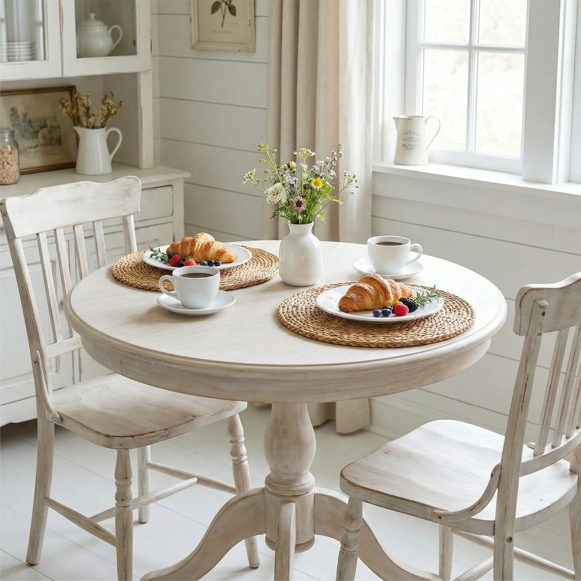 Natural round halfa grass placemats set on a small white pedestal table with croissants, coffee, and a central vase of wildflowers in a bright farmhouse nook.
