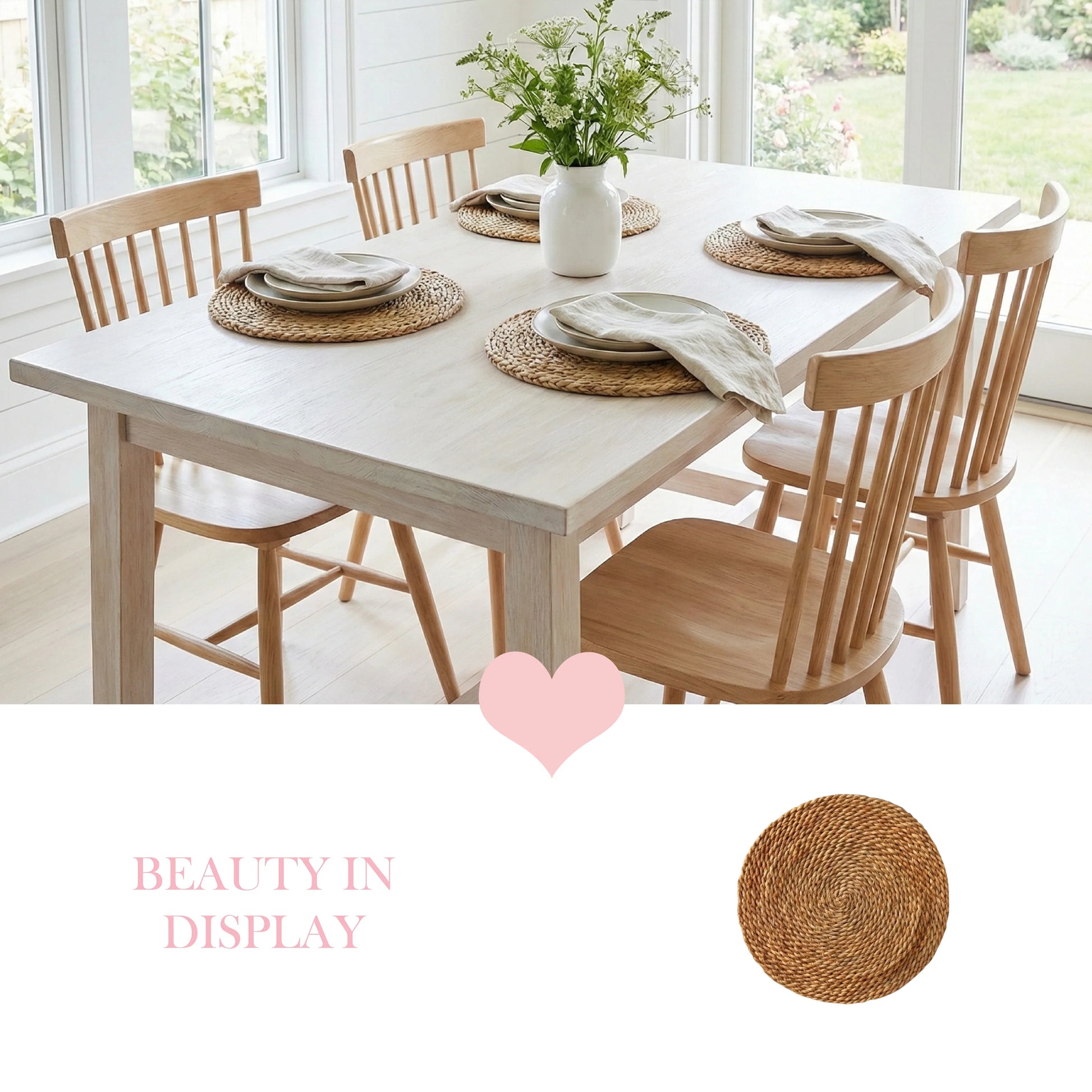 Natural halfa grass round placemats arranged on a white farmhouse dining table with four wooden chairs, featuring a central wildflower vase and linen napkins.