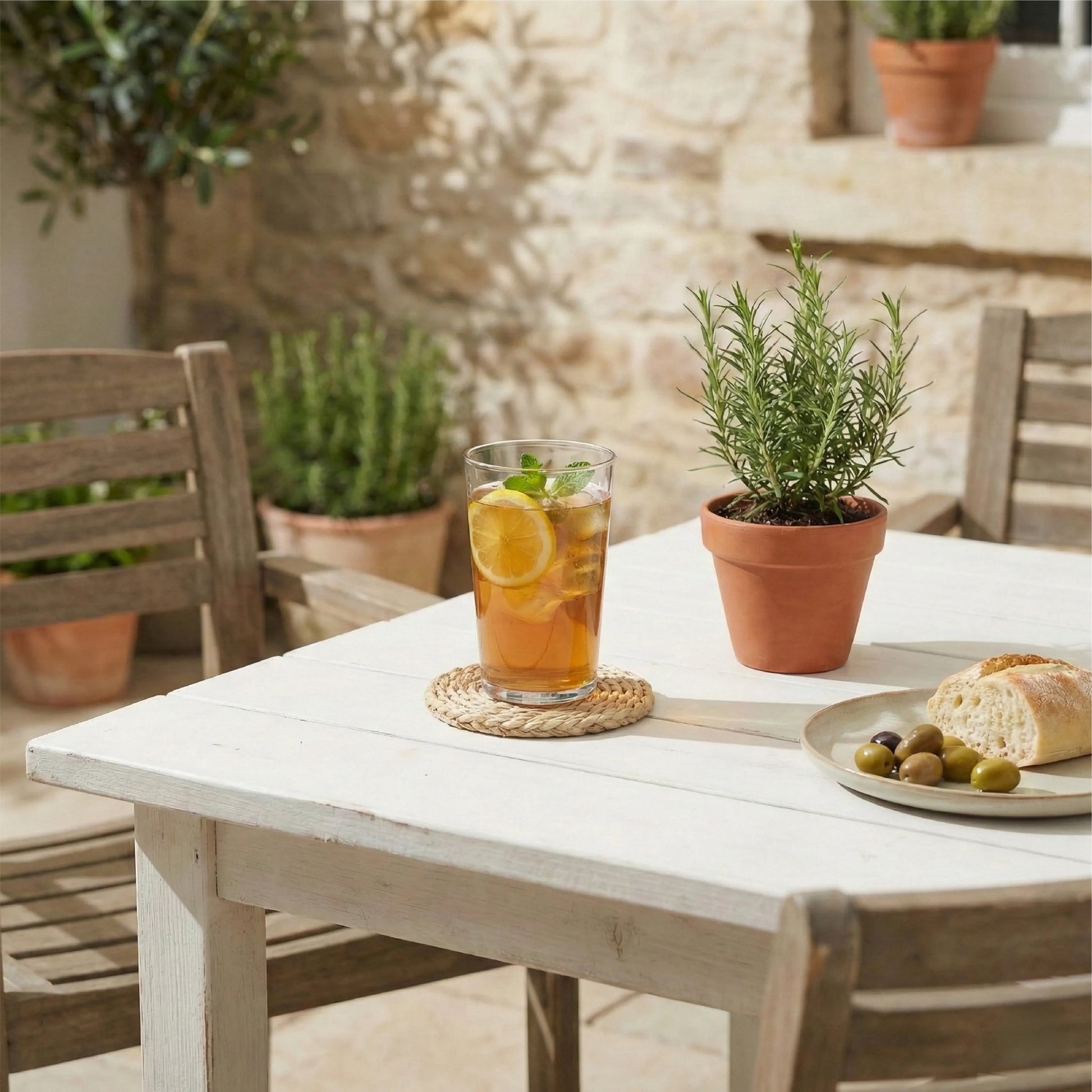 Natural woven coaster under a glass of iced tea with lemon on an outdoor white wood table with rosemary plants and olives.