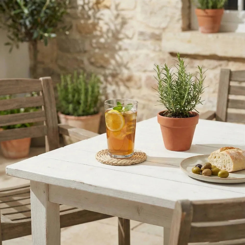 Outdoor setting with a table featuring a glass of iced tea, lemon slices, and a plate of bread and olives, with potted plants in the background.