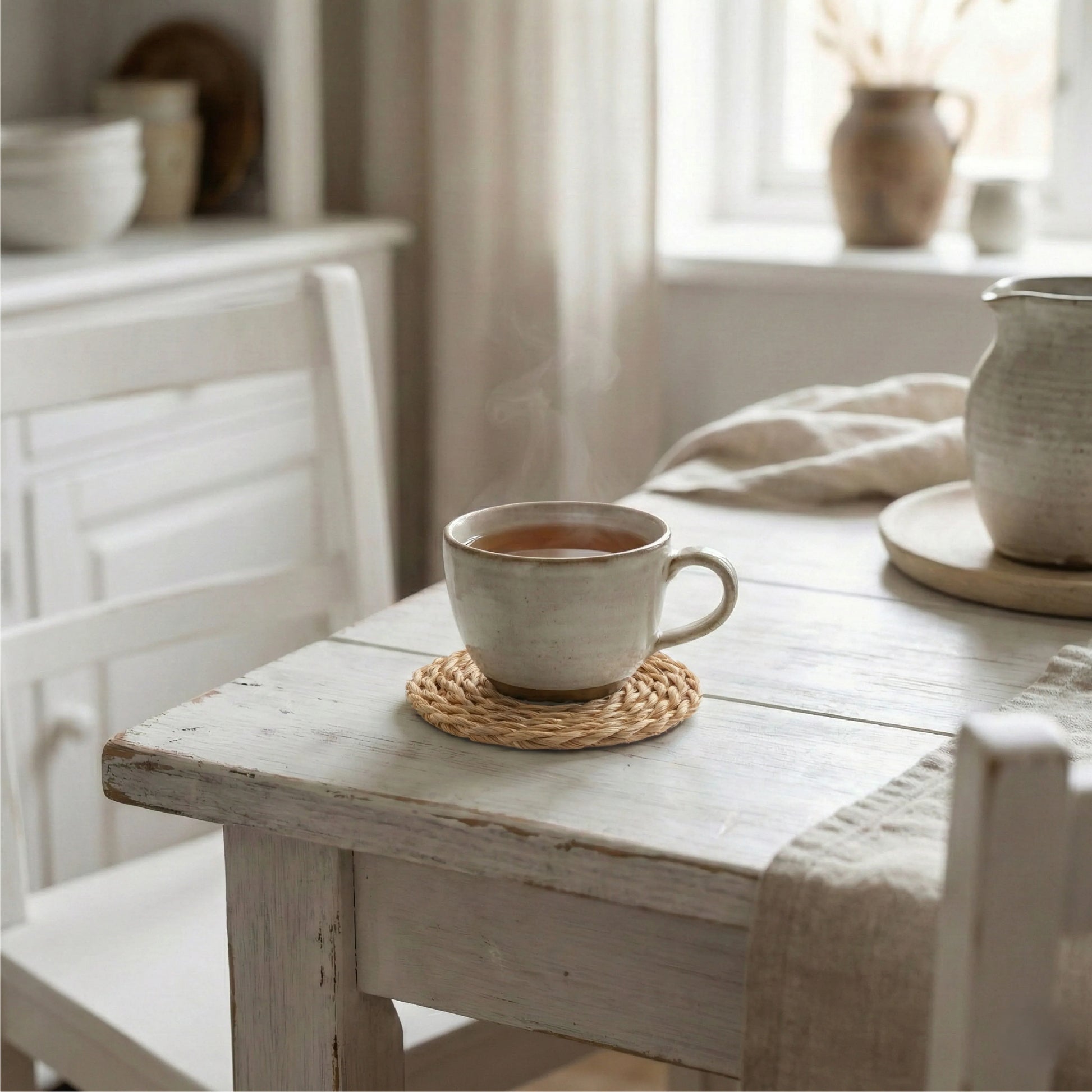Natural woven coaster under a white tea mug and teapot on a distressed light wood table with a jar of wildflowers and a linen napkin.