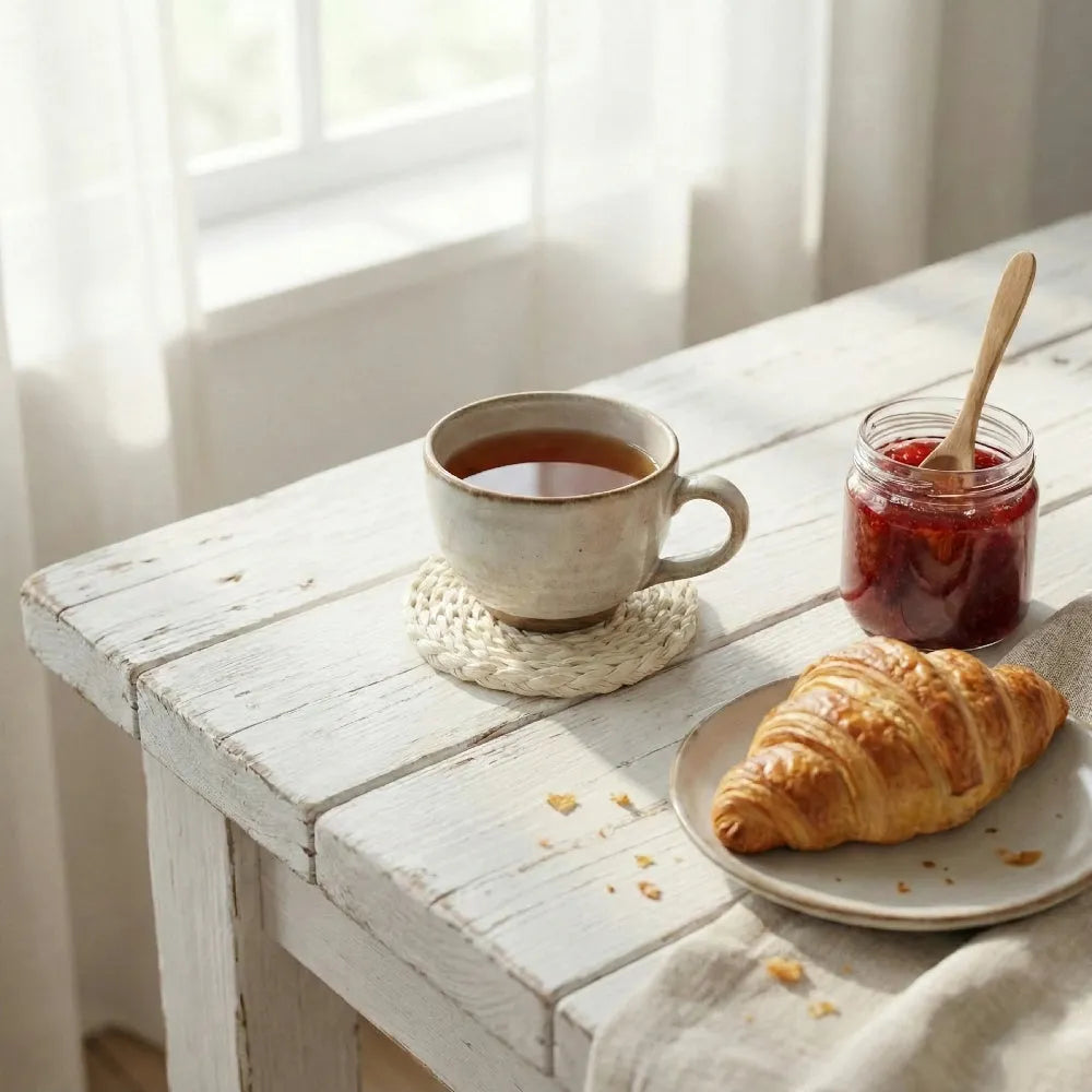 Cup of tea on a coaster with a croissant and jar of jam on a wooden table.