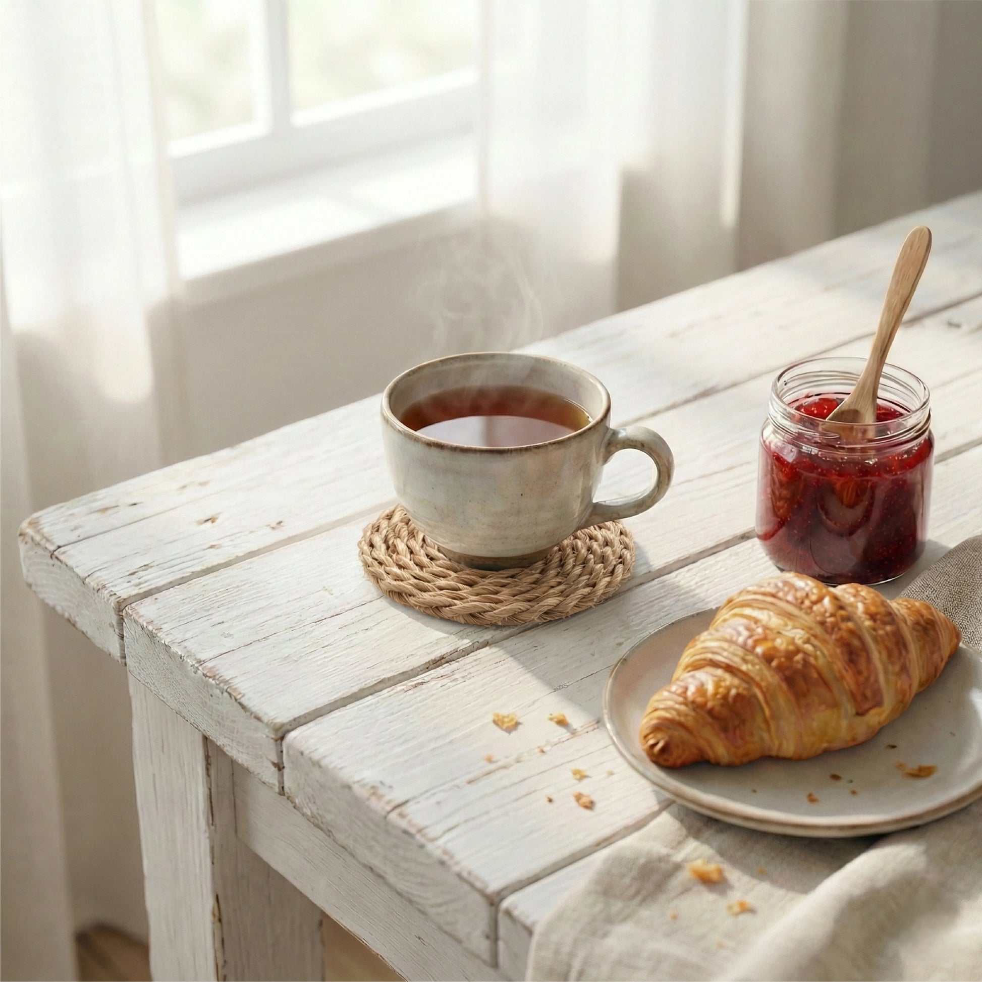 Natural woven coaster with a tea mug, croissant, and jam jar on a distressed white wooden table by a window.