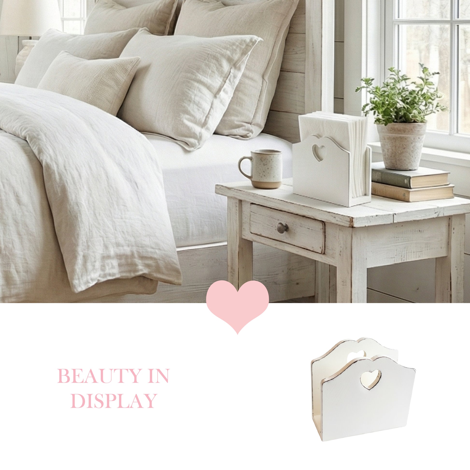 Neatly made bed with pillows and a small table with a tissue holder and decor items in a bright room.