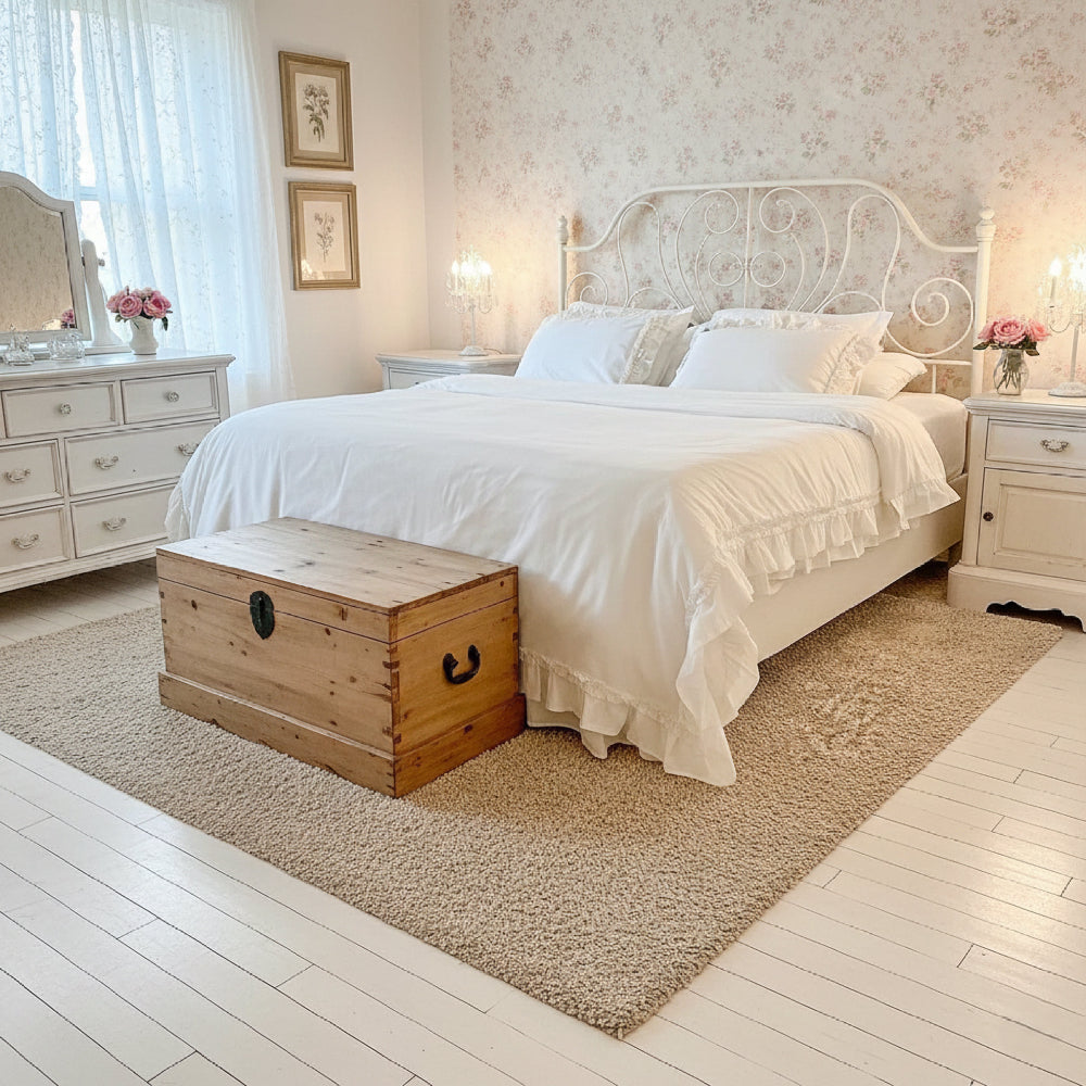 Off-white ruffled bedding on a metal bed frame with a wooden chest, tan rug, and floral wallpaper background.