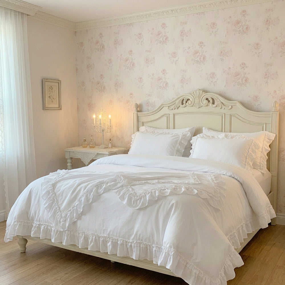 Off-white ruffled bedding on a carved headboard bed with pink floral wallpaper and a lit candelabra lamp.