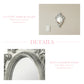 Ornate white oval mirror on a beige wall and a close-up of its distressed texture with pink descriptive text.