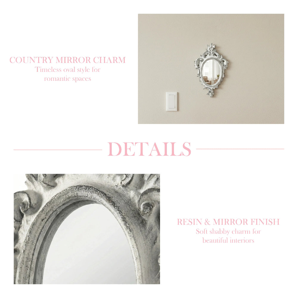 Ornate white oval mirror on a beige wall and a close-up of its distressed texture with pink descriptive text.