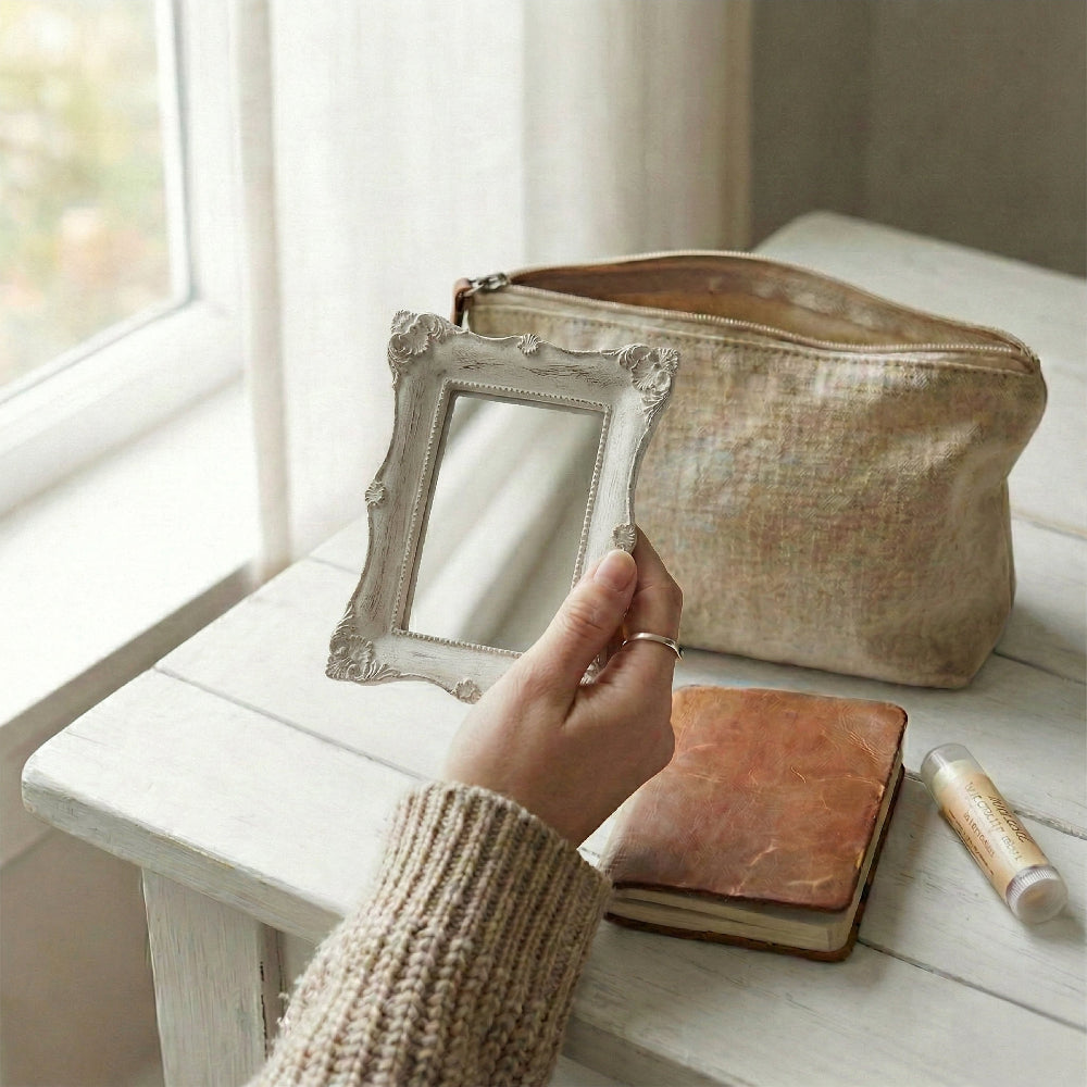 Hand holding an ornate white rectangular mirror over a wooden table with a makeup bag, leather journal, and lip balm.