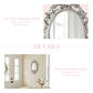 Collage showing an oval antique white mirror on a wood plank wall beside a door and a bouquet of flowers.