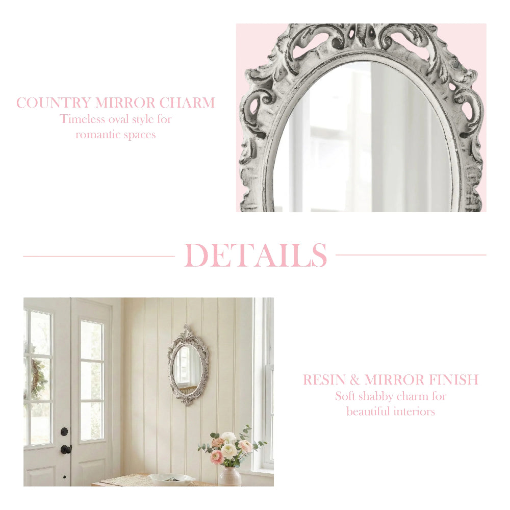 Collage showing an oval antique white mirror on a wood plank wall beside a door and a bouquet of flowers.