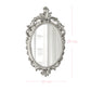 Oval antique white mirror with distressed ornate edges and pink dimension lines indicating 28 cm height and 16 cm width.