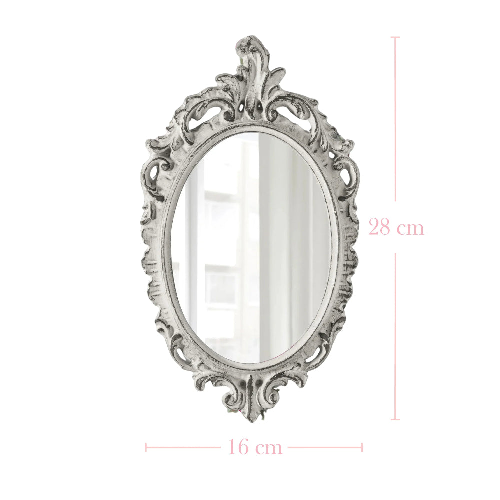 Oval antique white mirror with distressed ornate edges and pink dimension lines indicating 28 cm height and 16 cm width.