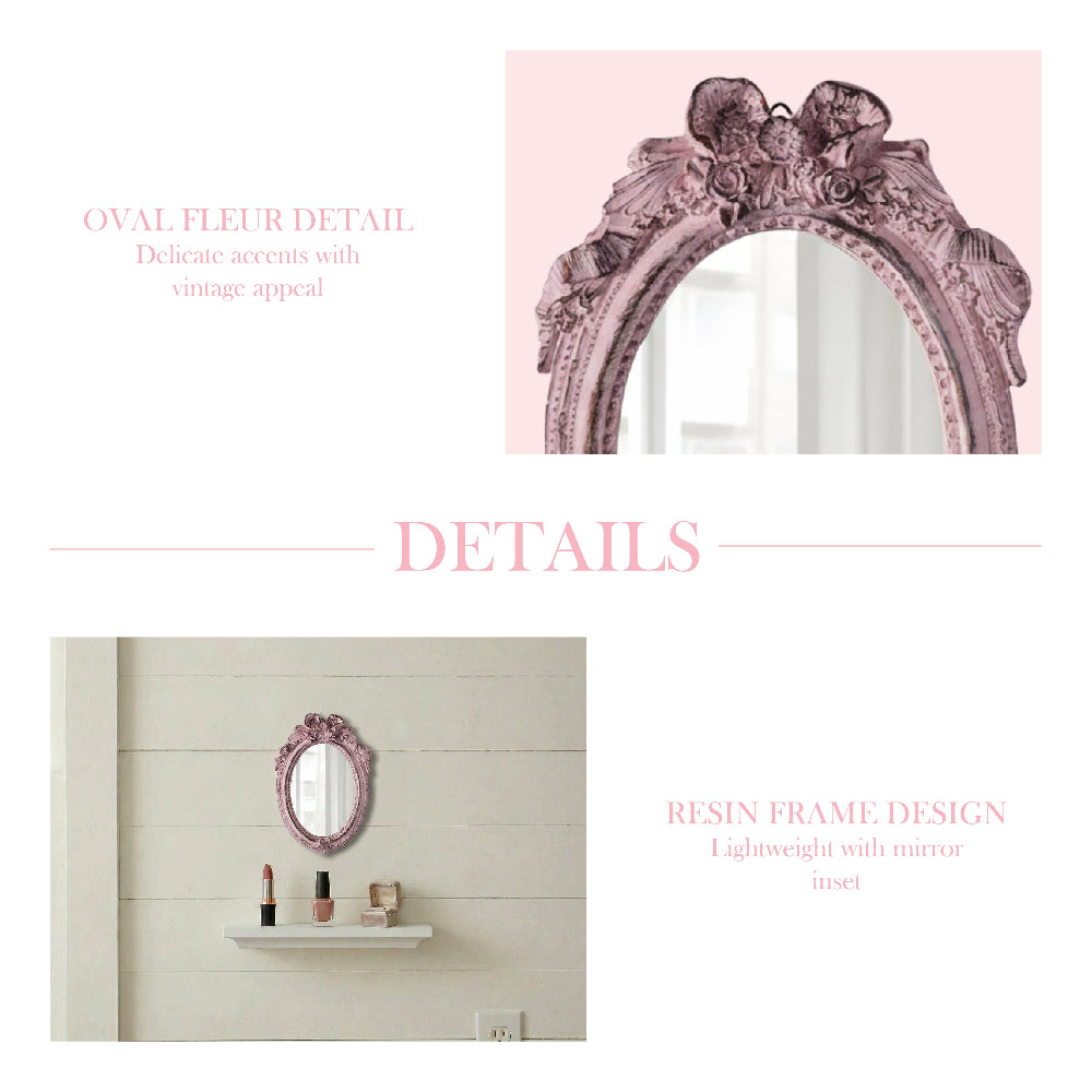 Product graphic featuring an ornate pink mirror with "Oval Fleur Detail" and "Resin Frame Design" text descriptions.