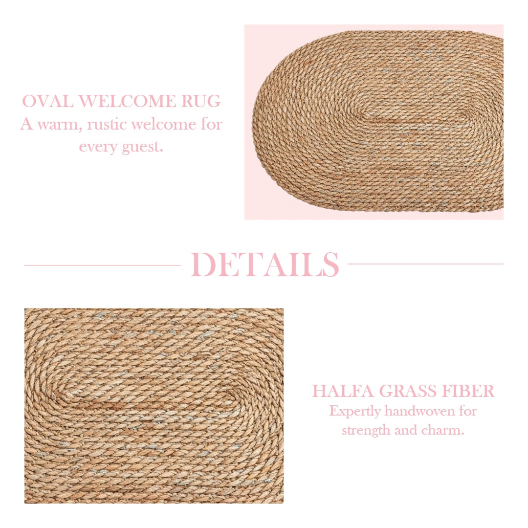 Oval welcome rug made of halfa grass fiber with product details on a white background.