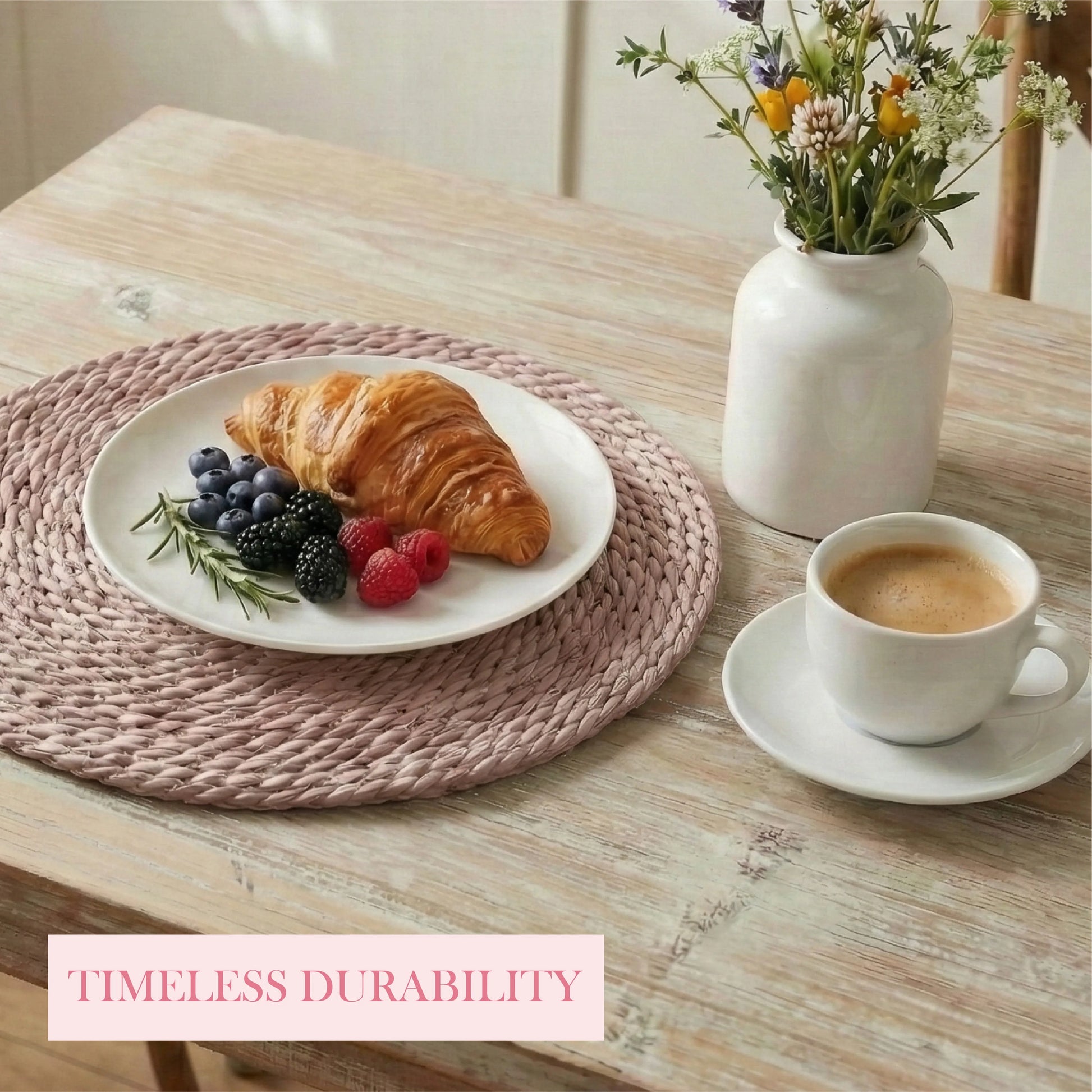 Pale pink halfa grass round placemat under a white plate with a croissant and berries, styled on a distressed wood table with a coffee cup and white ceramic vase.