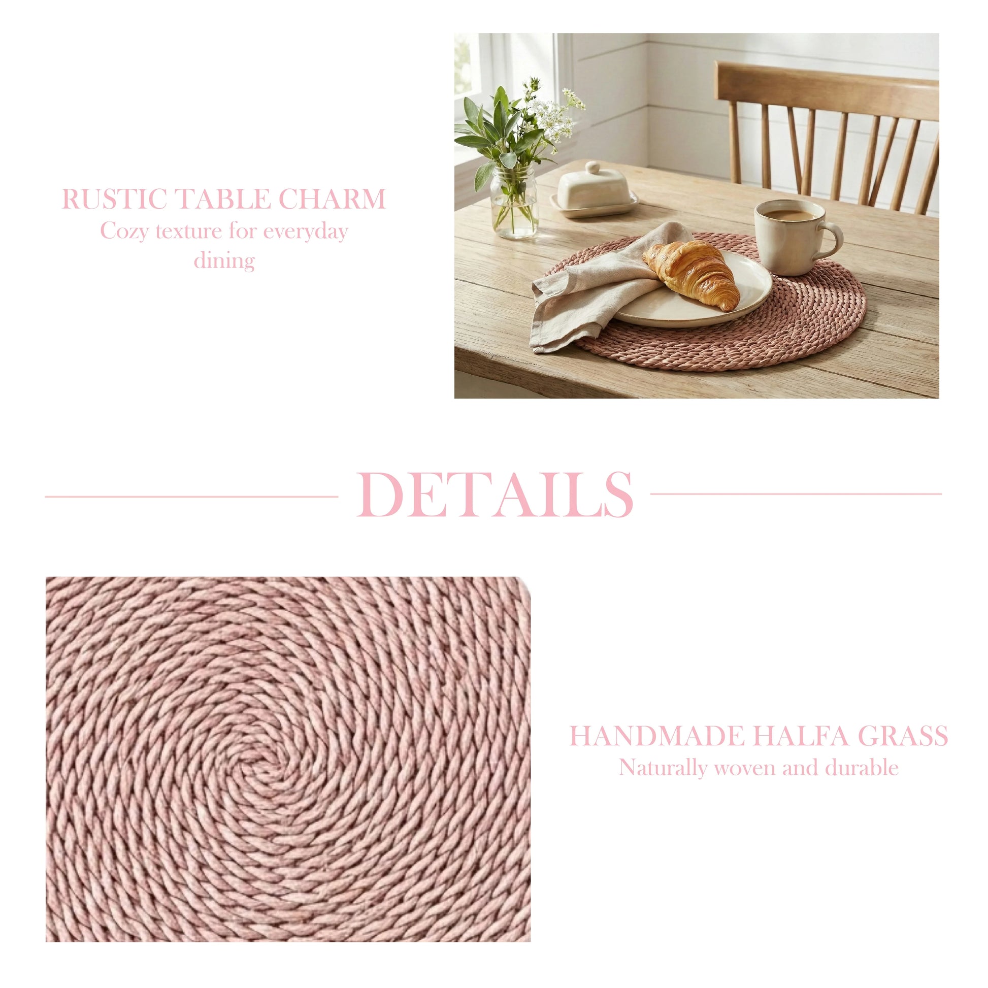 Pale pink halfa grass round placemat collage featuring a breakfast lifestyle shot on a rustic wooden table and a detailed close-up of the textured, handmade weave.