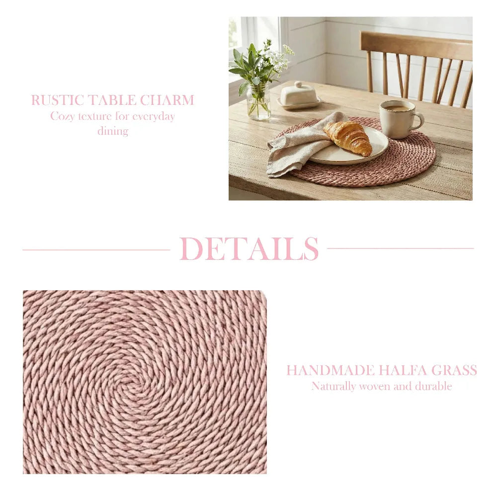 Rustic table setting with a woven placemat, mug, and bread on a white background.
