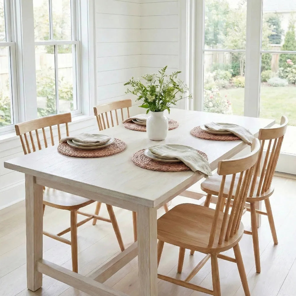 Dining table set with chairs in a bright room with large windows.