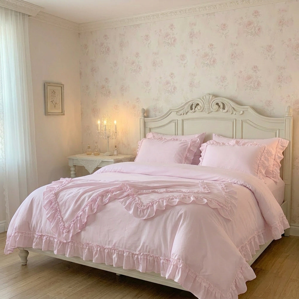 Pale pink ruffled bedding set with a matching duvet cover, cushions, and pillows on a white ornate bed frame.