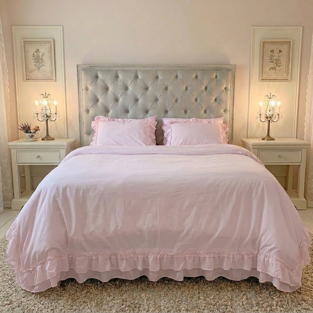 Pale pink ruffled bedding on a tufted grey headboard flanked by two white nightstands with lit candelabra lamps.