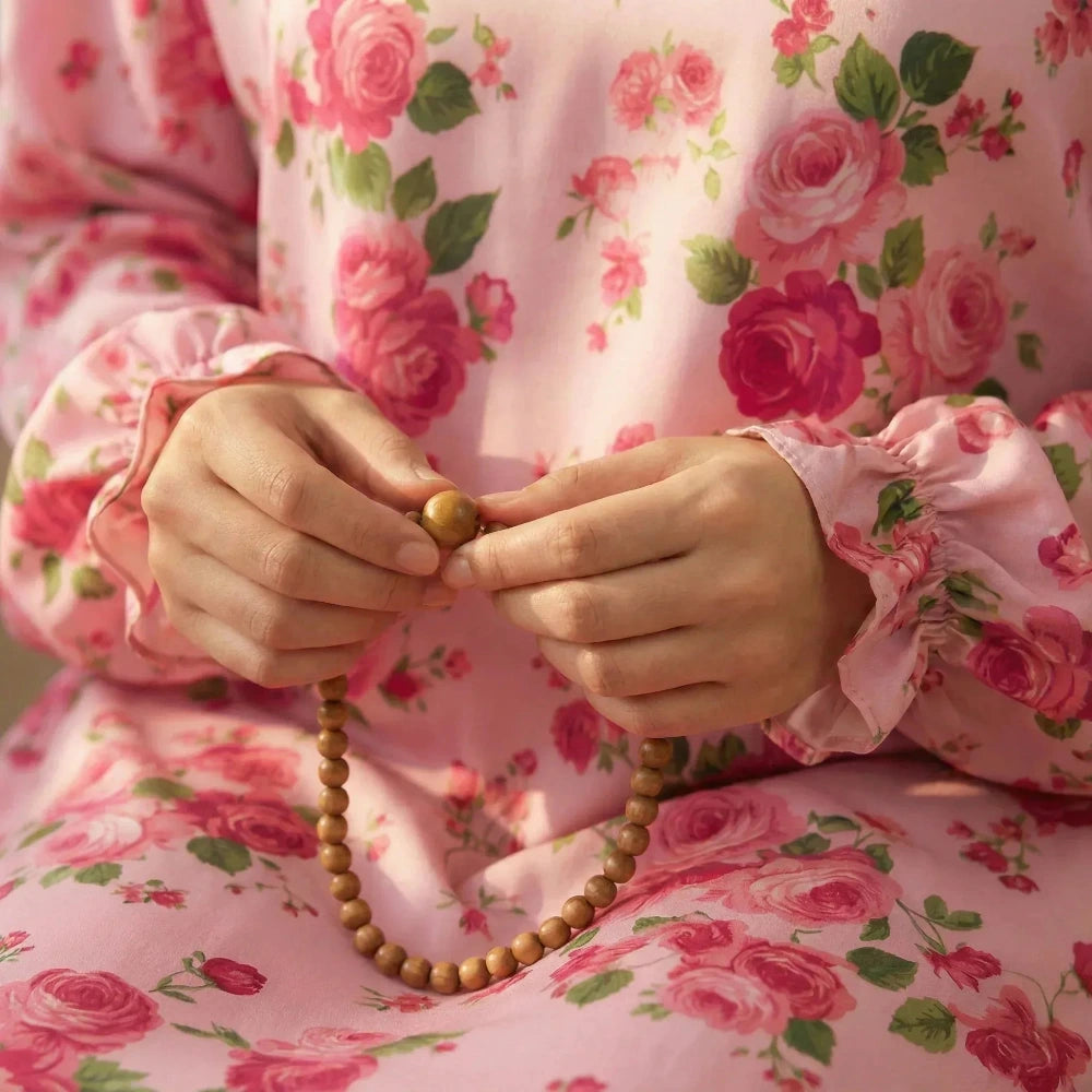 Person wearing a pink floral Isdal Prayer dress holding wooden beads.