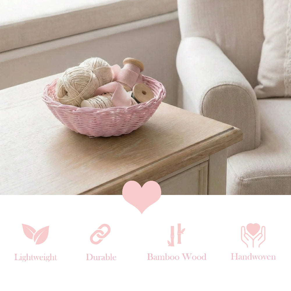 Pink wicker basket with yarn and ribbon on a wooden table graphic with icons for lightweight and handwoven features.
