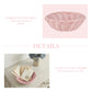 Pink bamboo wood basket graphic showing a close-up product view and a lifestyle shot holding letters on a white table.