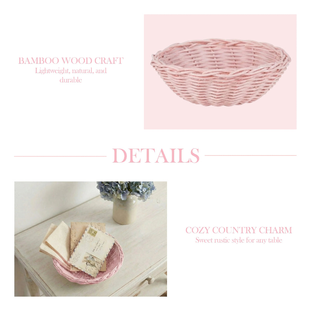 Pink bamboo wood basket graphic showing a close-up product view and a lifestyle shot holding letters on a white table.