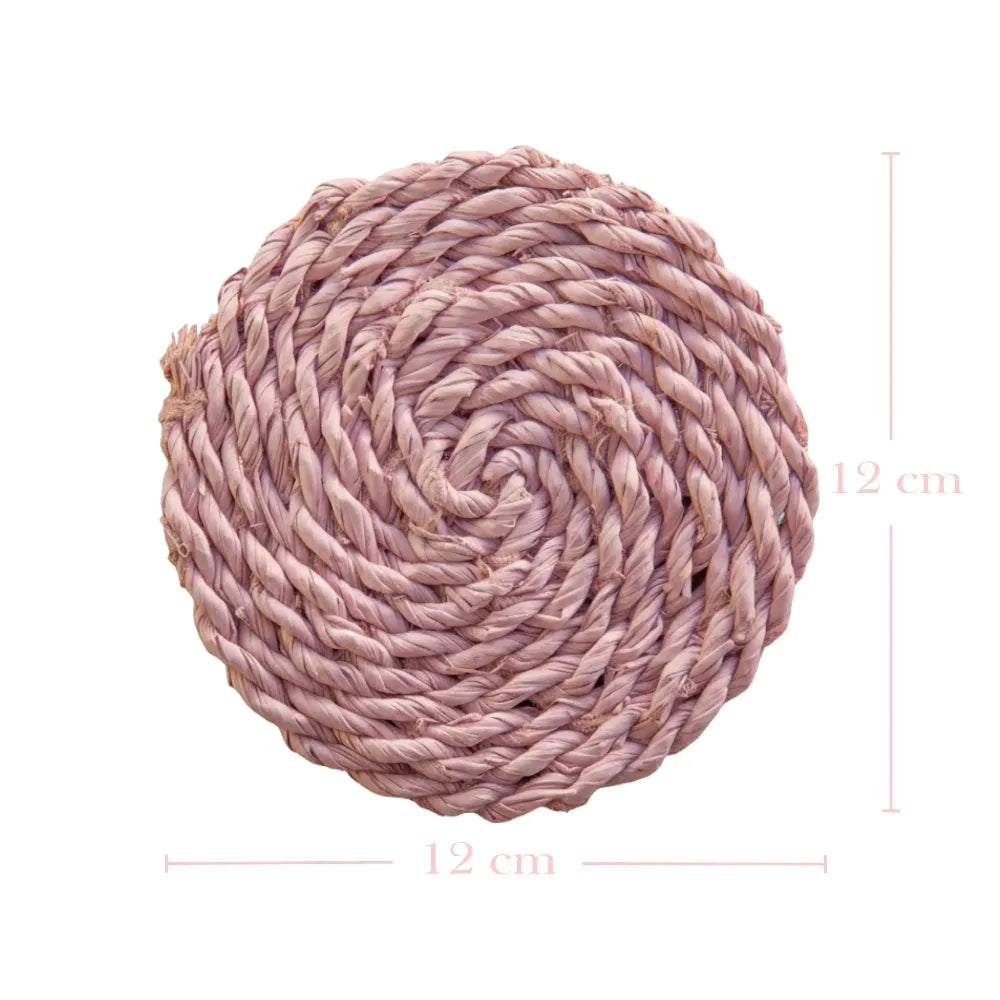 Pink braided rope ball with measurements on a white background