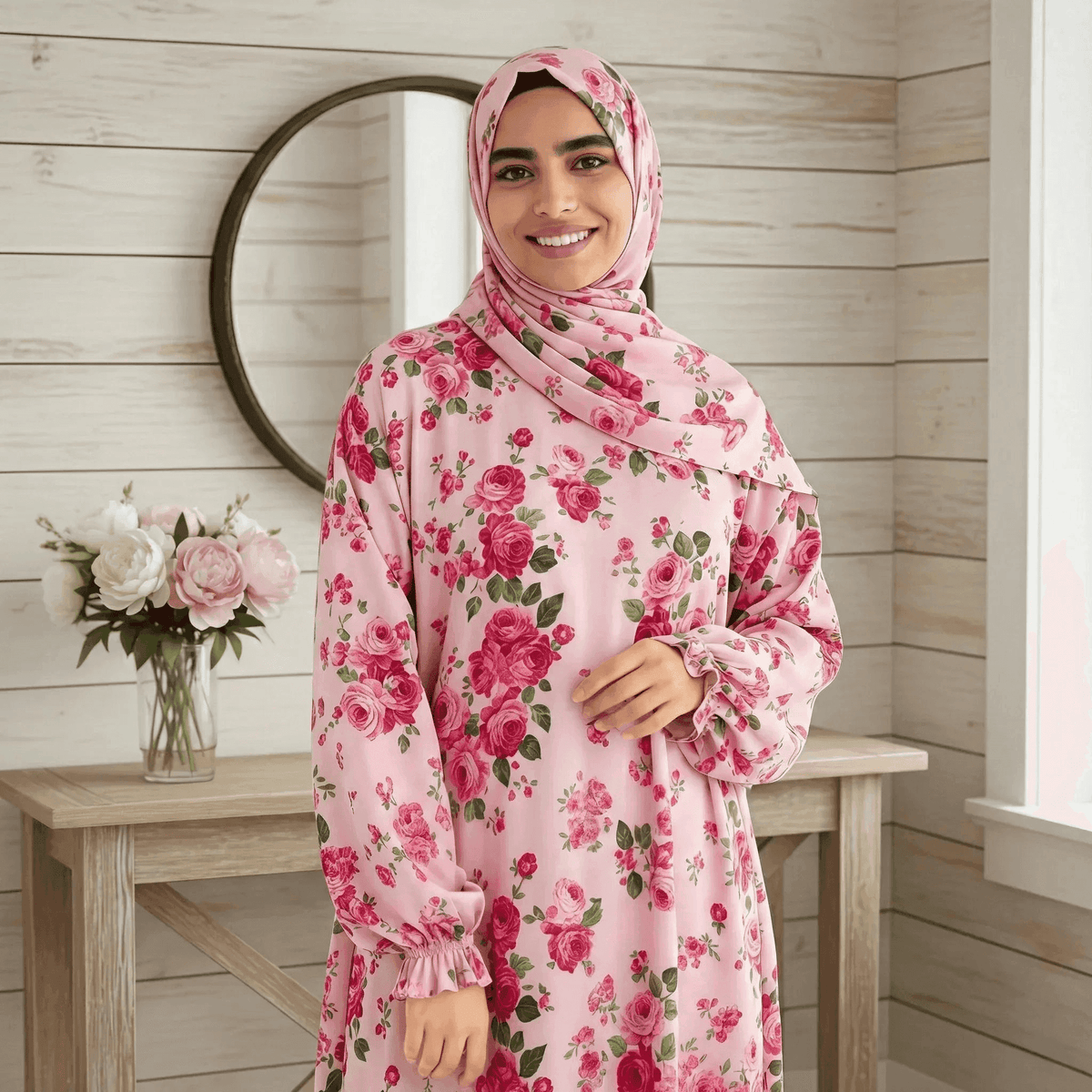 Woman wearing a pink floral dress and hijab in a room with wooden walls and a table with flowers.
