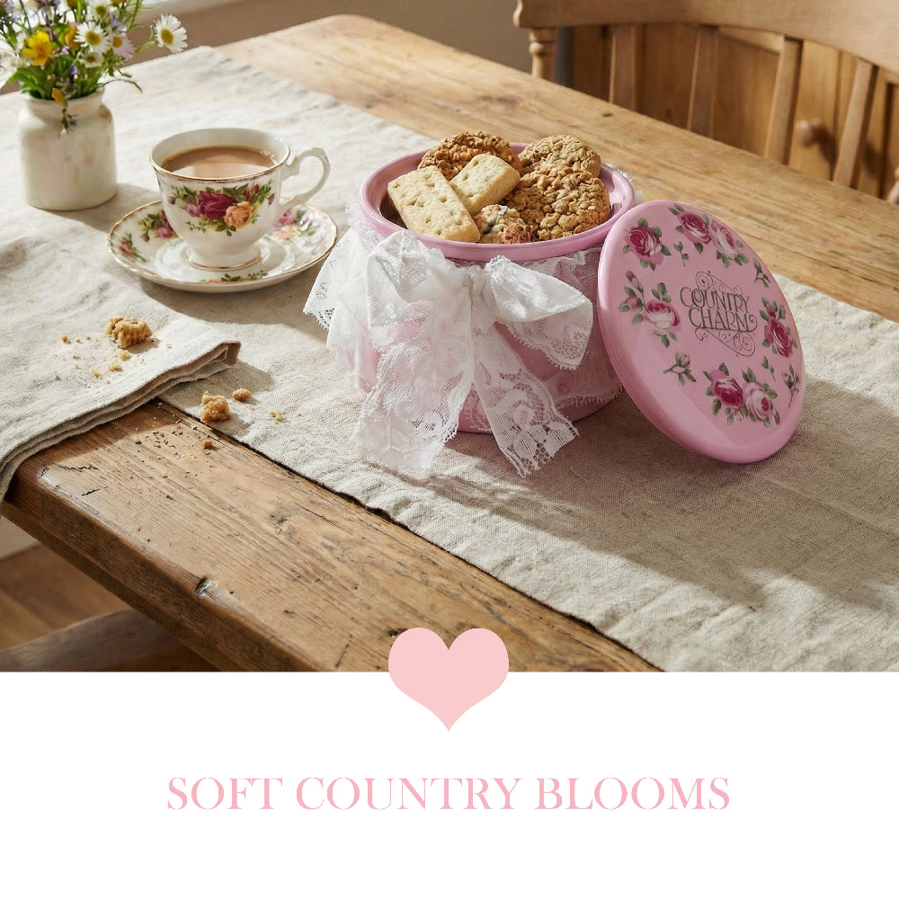Pink cookie tin with lace bow on a wooden table with tea and cookies, 'Soft Country Blooms' text.