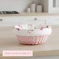 Pink Cottage Round Wicker Basket with floral lid on a kitchen counter, featuring the text 'Timeless Durability'.