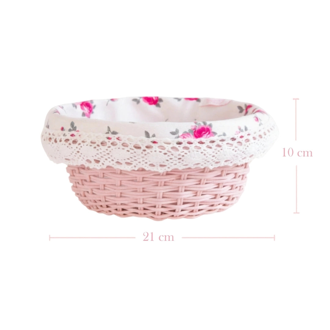 Pink Cottage Round Wicker Basket with floral lid and measurements on a white background